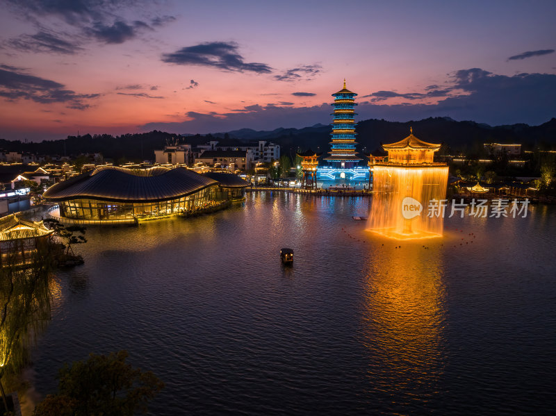 江西上饶网红景点婺女洲日落夜景航拍