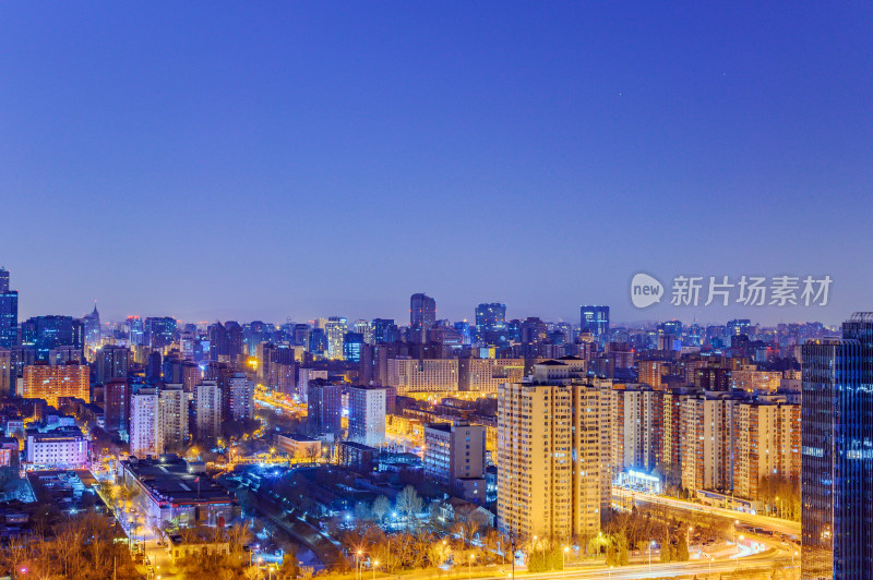 北京城市建筑街道车流高视角夜景全景