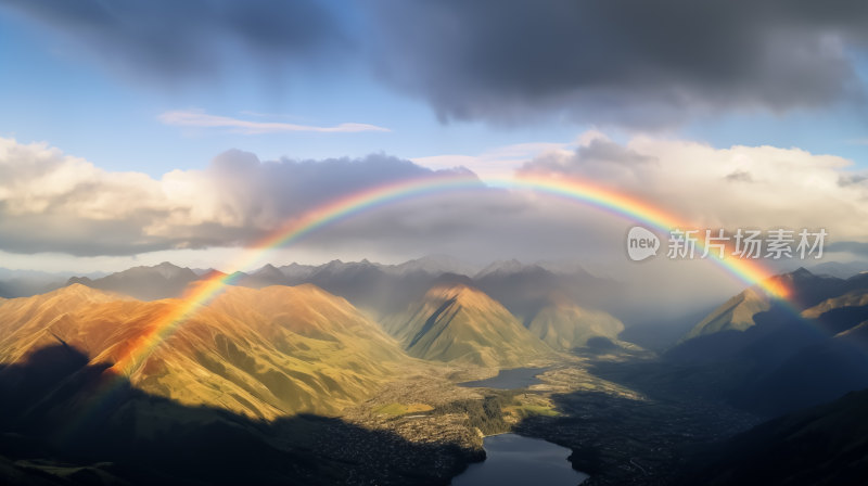一道壮丽的彩虹跨越在山脉与湖泊之上