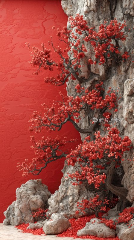 中式装饰，长满红色花朵的假山