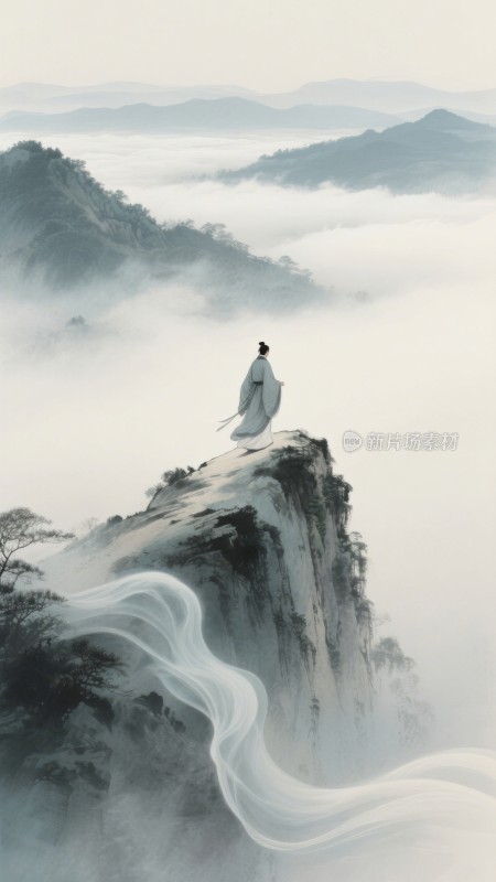 古装诗人人物立于云海间