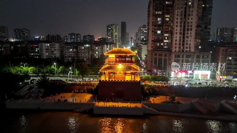 航拍湖北鄂州武昌门夜景灯光