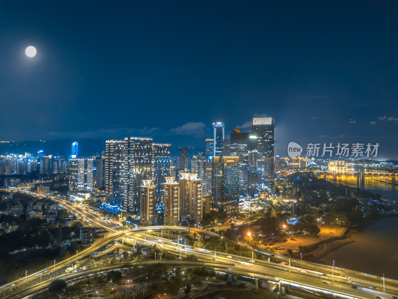 航拍福州闽江两岸夜景