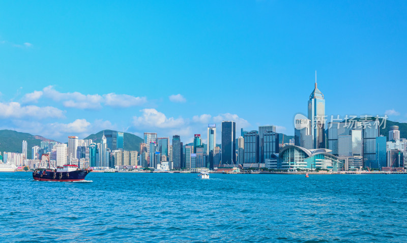 香港维多利亚港海景与中环摩天大楼建筑群
