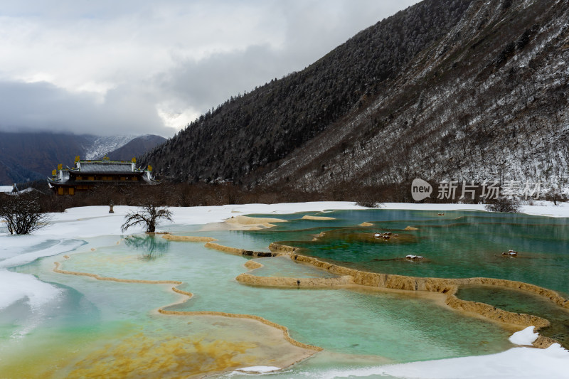 雪山下黄龙五彩池景观