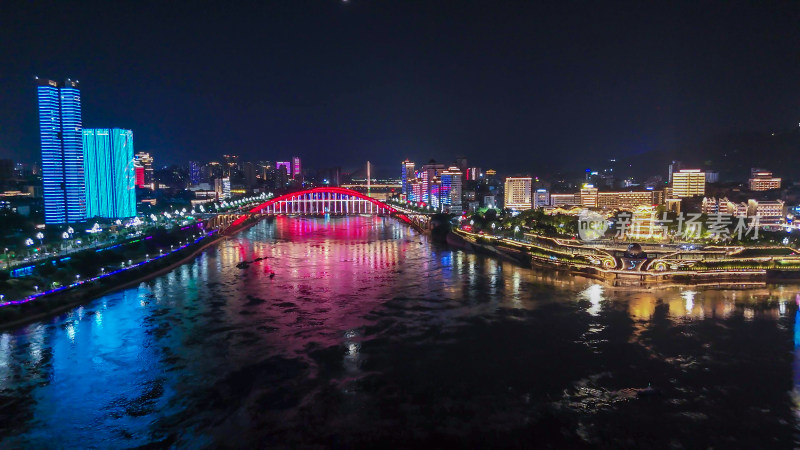 航拍四川宜宾金沙江戎州大桥夜景