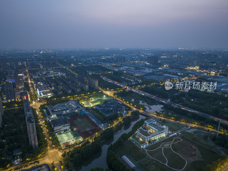 上海嘉定新城夜晚夜景航拍城市风光