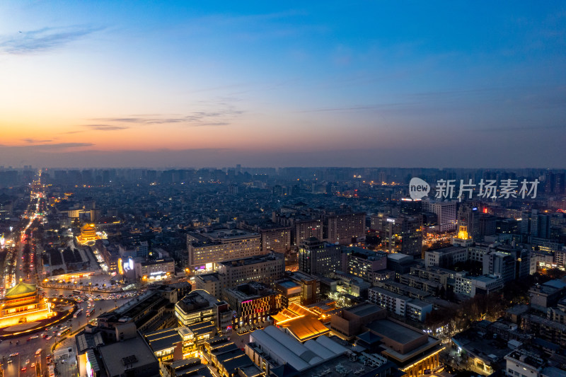 西安晚霞夜幕降临夜景灯光航拍摄影图