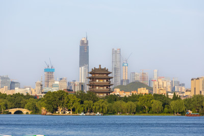 山东济南大明湖超然楼CBD夜景晚霞