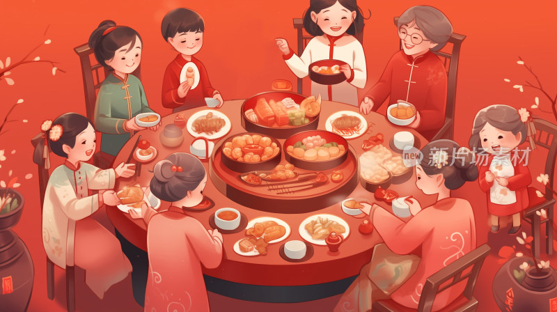 春节除夕阖家团圆年夜饭红色卡通