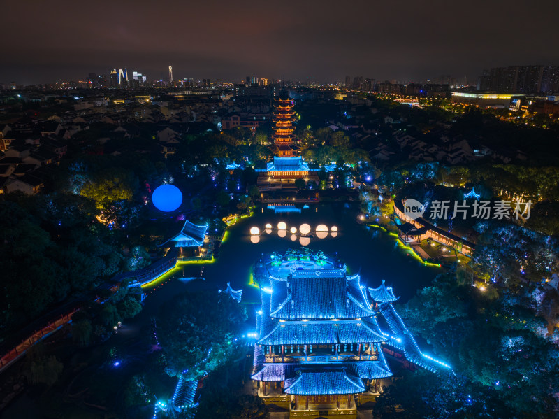 航拍苏州盘门景区中秋灯会夜景