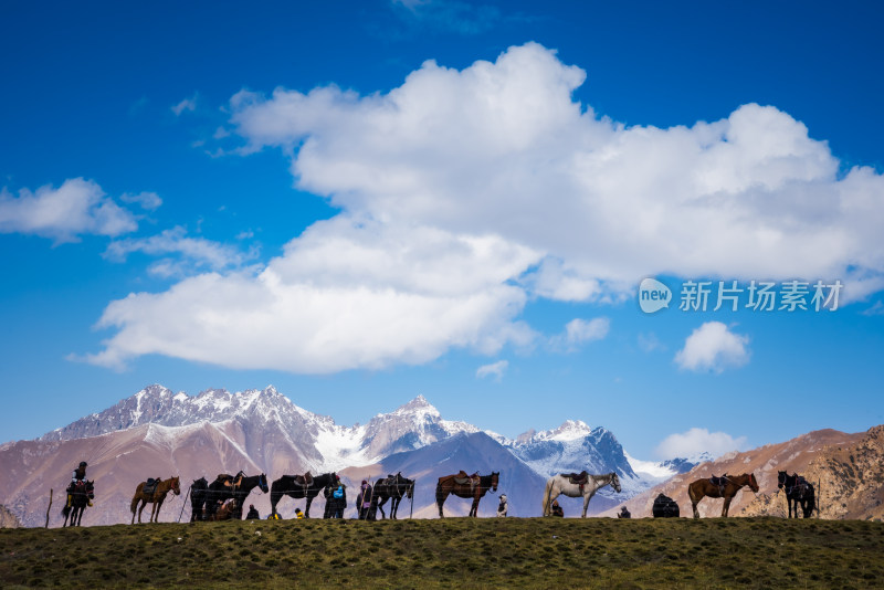 雪山脚下骑马旅行的游客