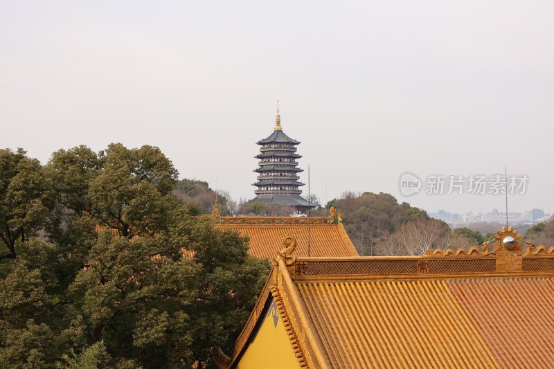 古建筑黄瓦屋顶与远处古塔的景致