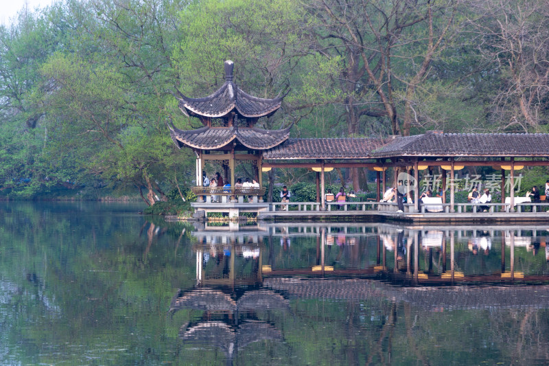 杭州浴鹄湾湖畔古亭与烂漫春花景致