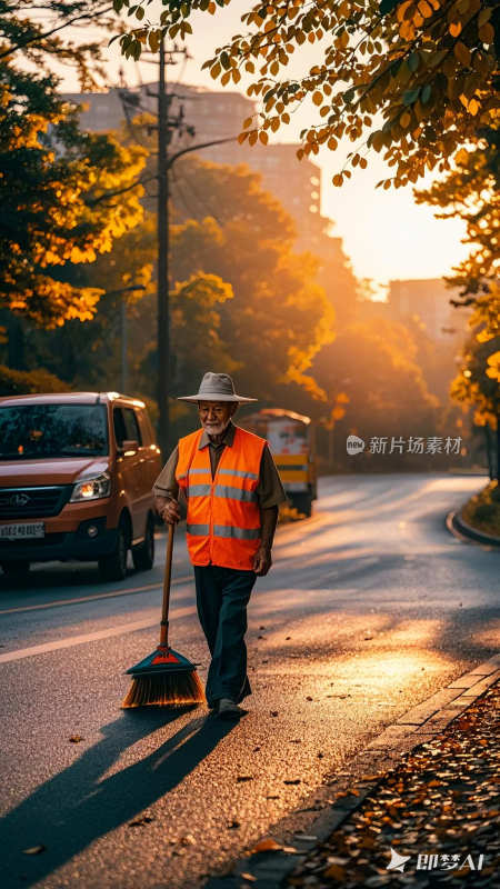 穿着反光背心的环卫工人清扫街道