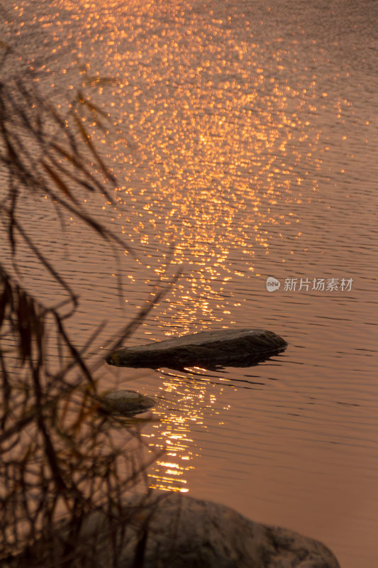 夕阳下波光粼粼的湖面景象