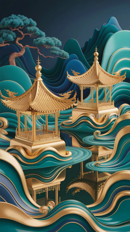 水墨风山水楼阁意境