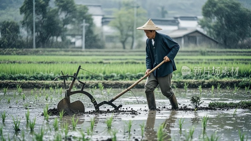 农民雨中水田使用农具耕种