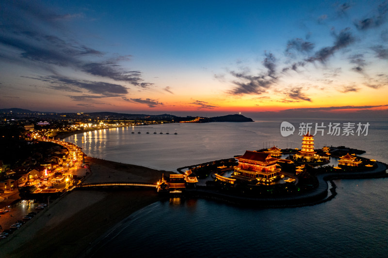 烟台蓬莱八仙过海夜景晚霞航拍图