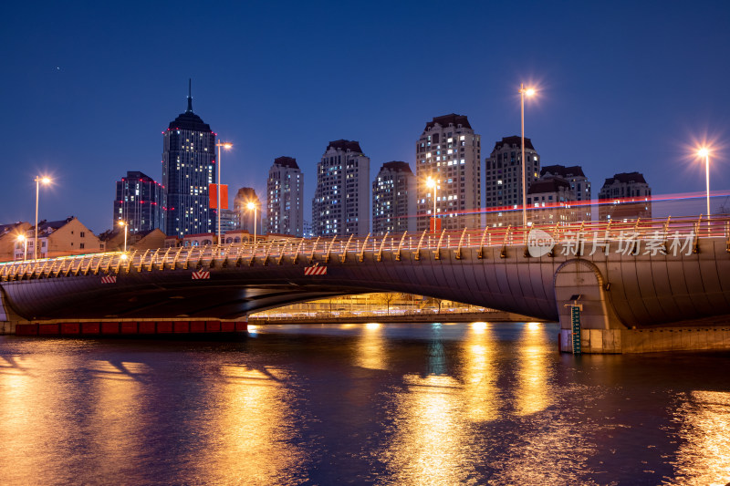 天津海河光华桥日落城市建筑街道夜景航拍