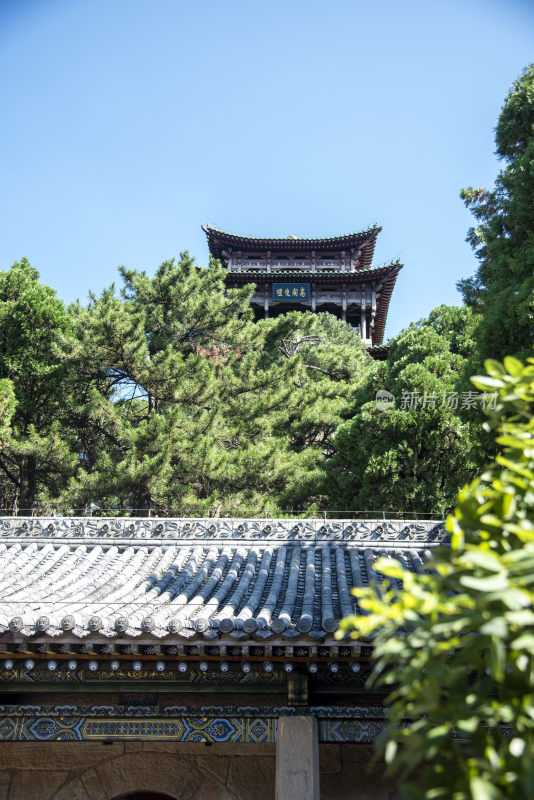 古建屋顶旁的多层塔楼风景