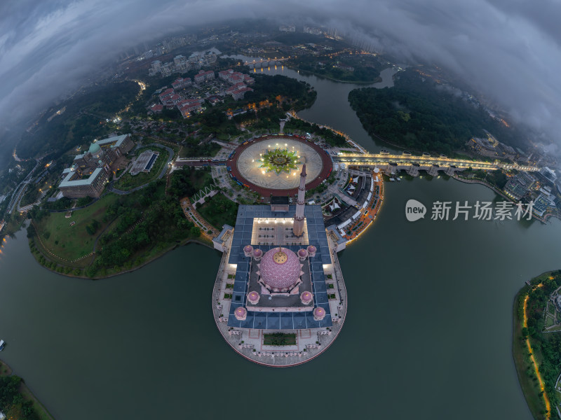 马来西亚布城粉色水上清真寺建筑景观航拍