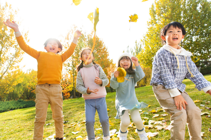 欢乐儿童在公园里玩树叶