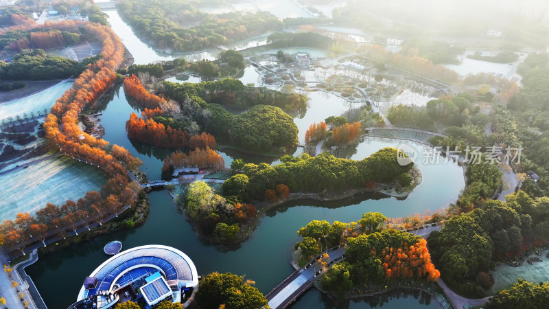 湖边红叶树木环绕的秋景