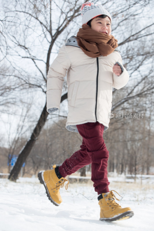 快乐的小男孩在雪地里玩耍