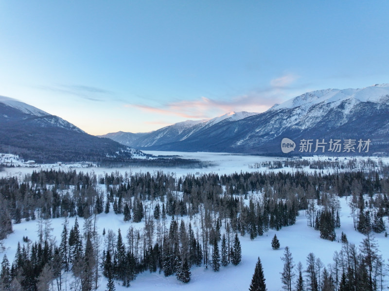 新疆阿勒泰喀纳斯雪景神仙湾晨雾雪山森林