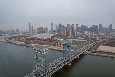 天津海河响螺湾海门大桥城市风光夜景航拍