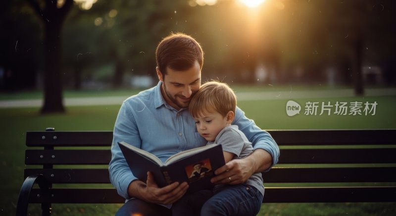 公园长椅上父亲陪孩子看书