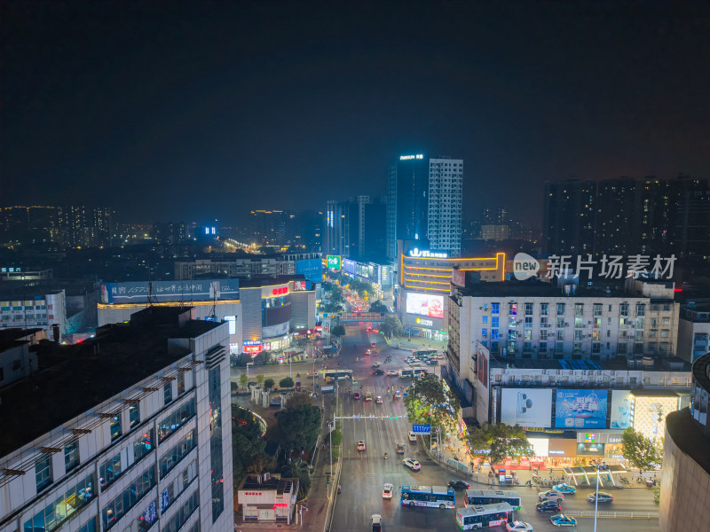 湖南岳阳城市风光岳阳商业街夜景航拍