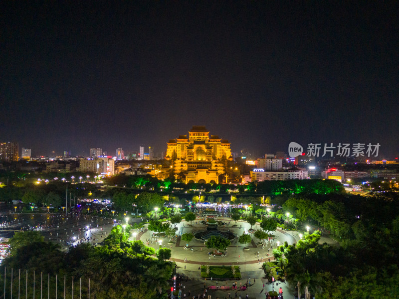 广西玉林城市夜景灯光云天文化城航拍图