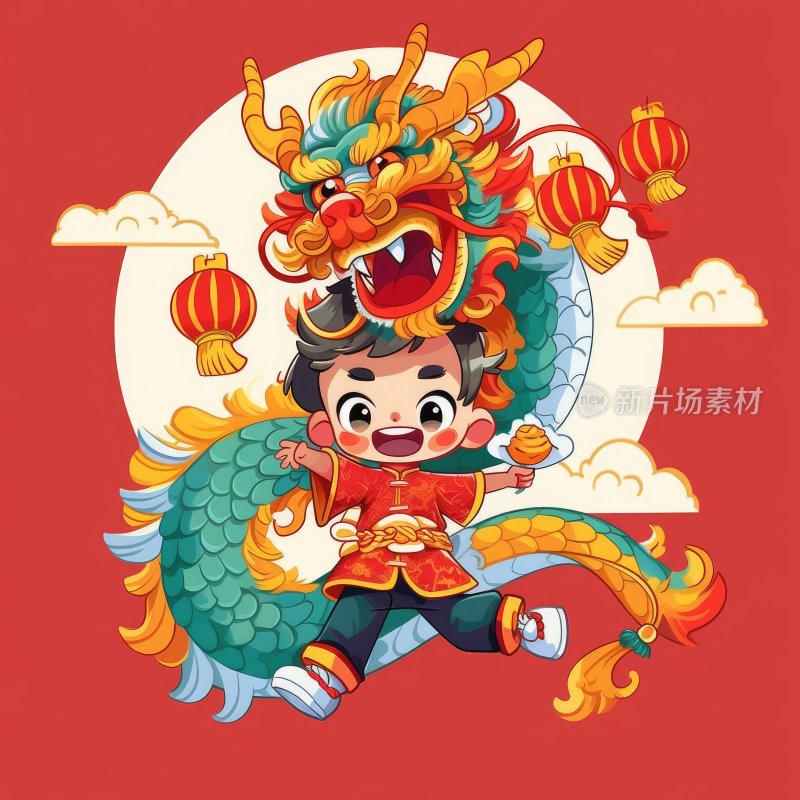 国潮插图，舞龙的小男孩