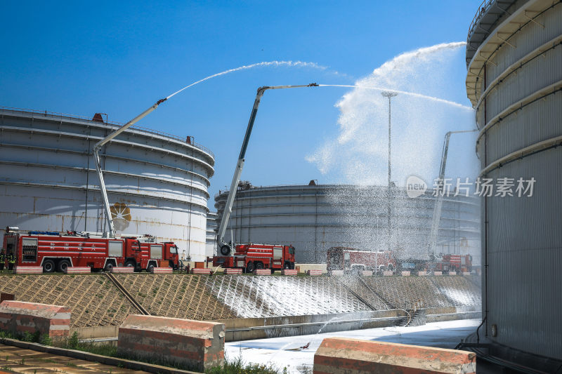 油罐区消防车喷水作业场景
