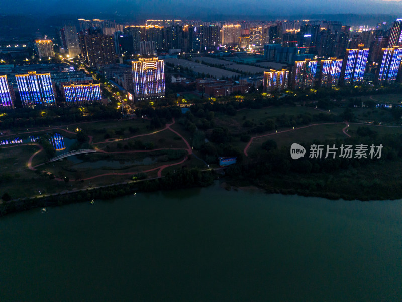 宝鸡城市夜幕降临夜景航拍图