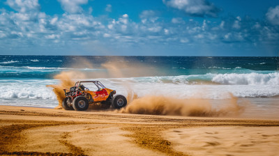 海滩疾驰,沙尘飞扬的越野车 海滩疾驰,沙尘飞扬的越野车