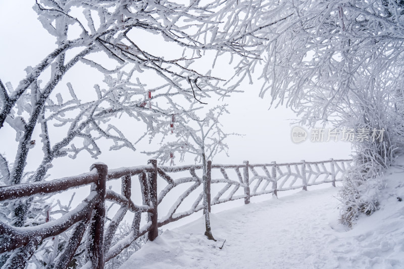 冬天大雪景区步道栏杆