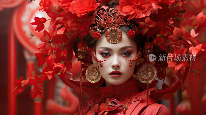 人物概念插图，穿着红色礼服的中国女性