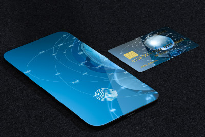银行卡与指纹识别的手机屏幕 3D渲染