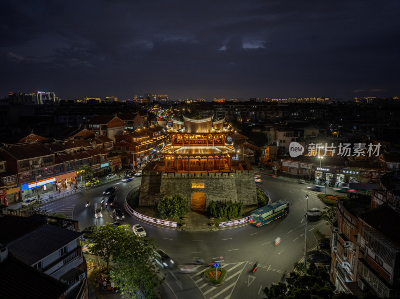 福建泉州朝天门古建筑泉州地标夜景夜晚航拍