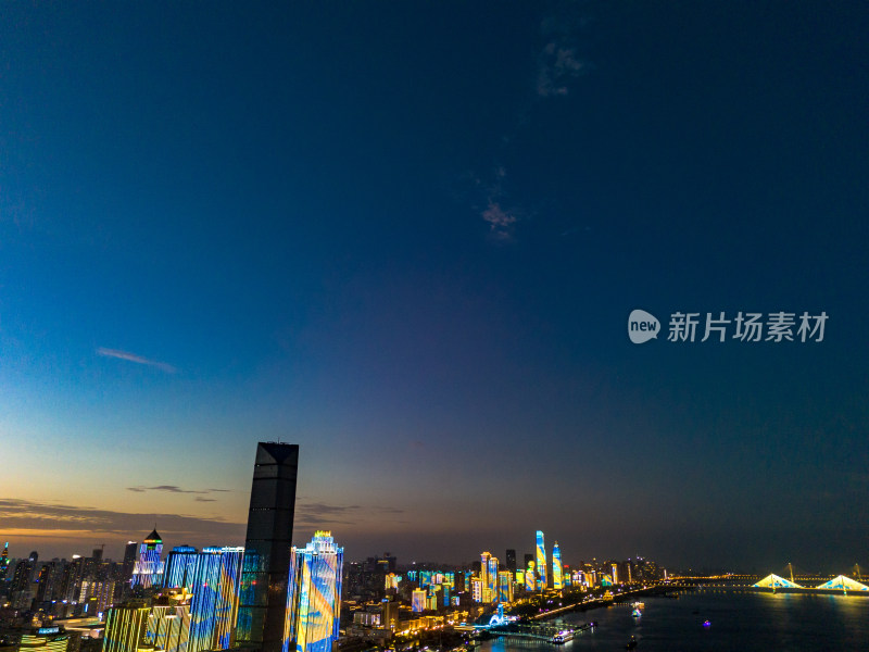 武汉城市晚霞夜景航拍图