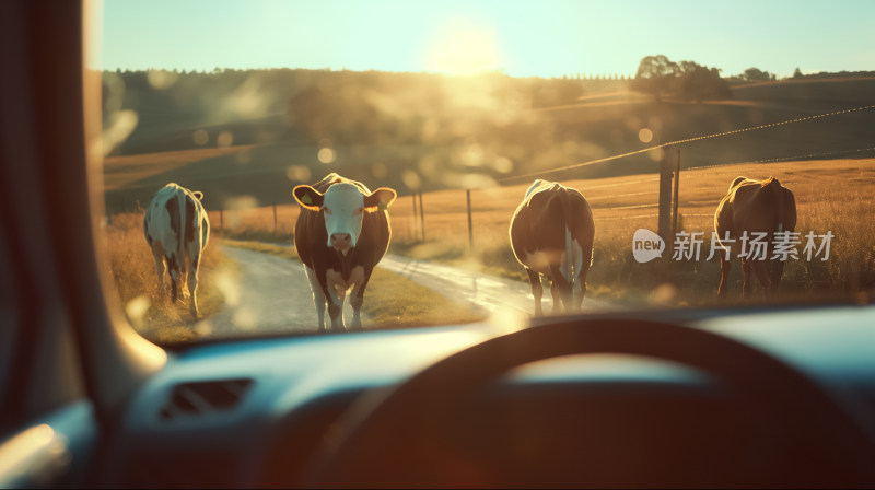 驾车途经乡村道路遇见悠闲穿行晨光中的牛群