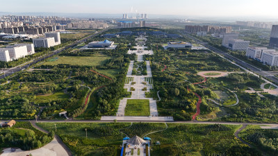 城市早晨日出航拍大气鸟瞰全景图效果图