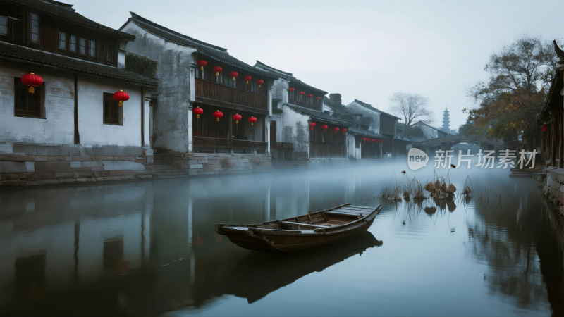 江南水乡古镇乌篷船晨雾旅游风背景