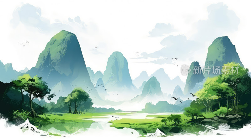中国风山水画带有山脉喀斯特地貌的