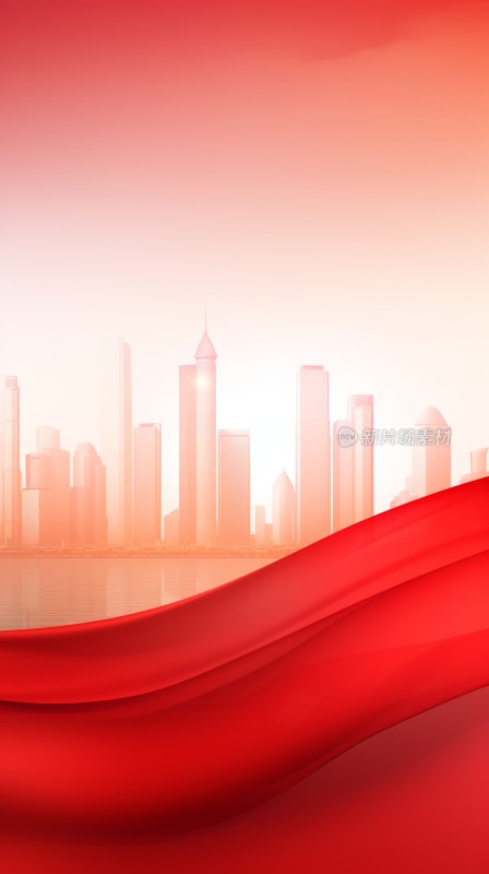 红色飘带和城市剪影背景