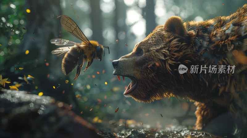 蜜蜂在森林与一只棕熊进行着无声的对话