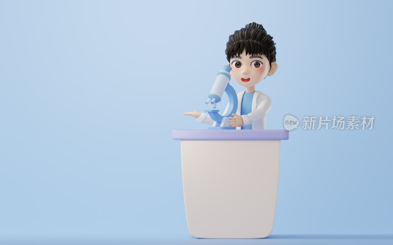 卡通女性科研人员与显微镜3D渲染